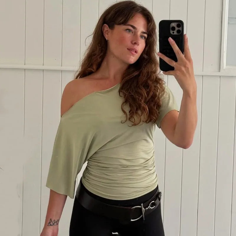 Talenza Summer One Shoulder Tops Fashion Slim Shrink Short Sleeve T-Shirts Sexy Party Y2k Streetwear Solid Pullover Tops Women - Matrix-studios.com