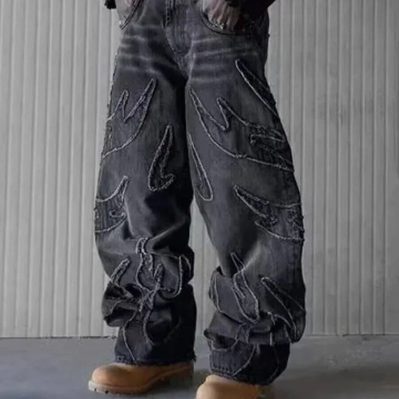 Men Baggy Aesthetic Streetwear Jeans Male Retro Fashion Wide Leg Denim Pants Graphic Embroidered Designer Hip Pop Denim Trousers - Matrix Studios
