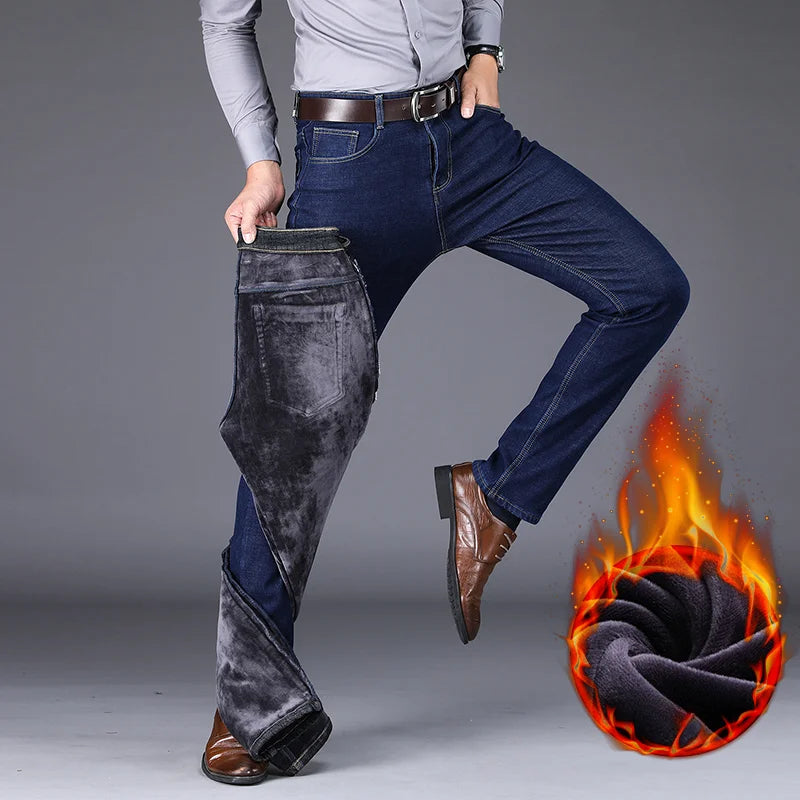 New Men's Fleece Warm Jeans Winter Thicken Plush Velvet Business Office Denim Trousers Brand Clothing Stretch Casual Male Pants - Matrix Studios