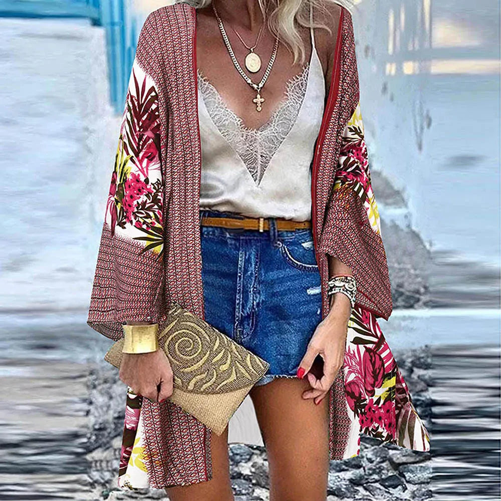 WeHello 2023 Summer Bohemian Casual Cloak Cardigan for Swimsuit woman Beach Swimwear Tops Long Sleeved Shawl Chiffon Shirt - Matrix Studios