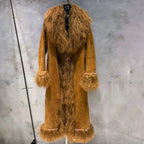 Suede Coat Fur Collar Women Autumn Genuine Sheepskin Coat Long with Mongfolian Fur Trim - Matrix Studios