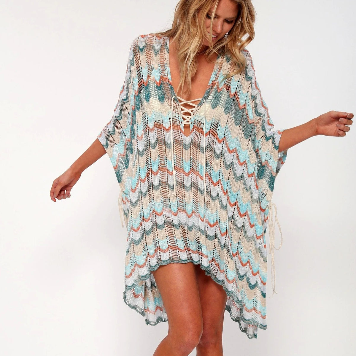 Cotton Crochet Tunic Mini Dresses Women Cover Up Bikini Sexy Hollow Out Deep V Neck Lace-Up Summer Vestidos Boho Beach Robe - Matrix Studios
