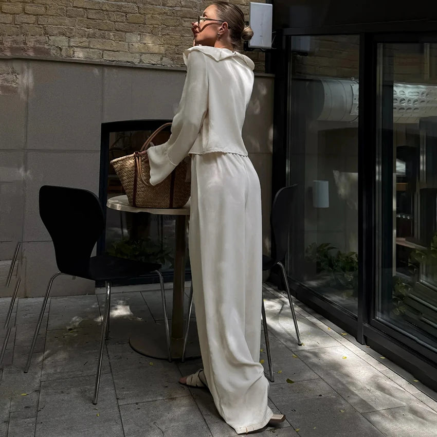 Linad Casual Loose Apricot Outfits Fashion Ruffles Flare Sleeve Blouse With High Waist Pant 2 Piece Sets Summer Long Pants Suits - Matrix-studios.com