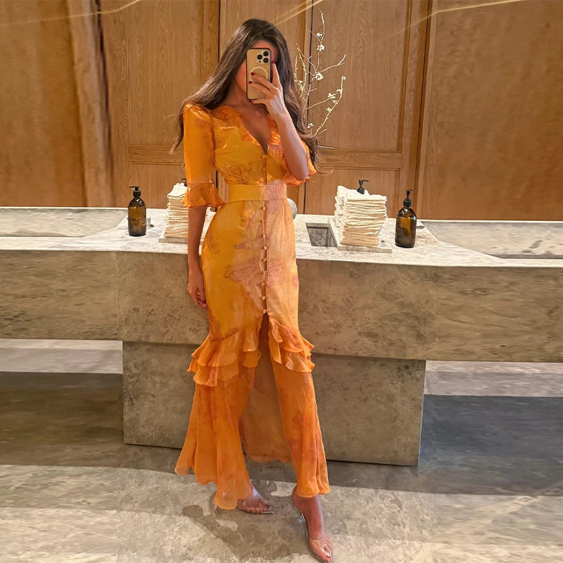 Organza Floral Printed Maxi Dress V-Neck  Puff Sleeve 2026 Spring/Summer Romantic Women Party Gown Fashion Elegant Lady Vestidos - Matrix-studios.com