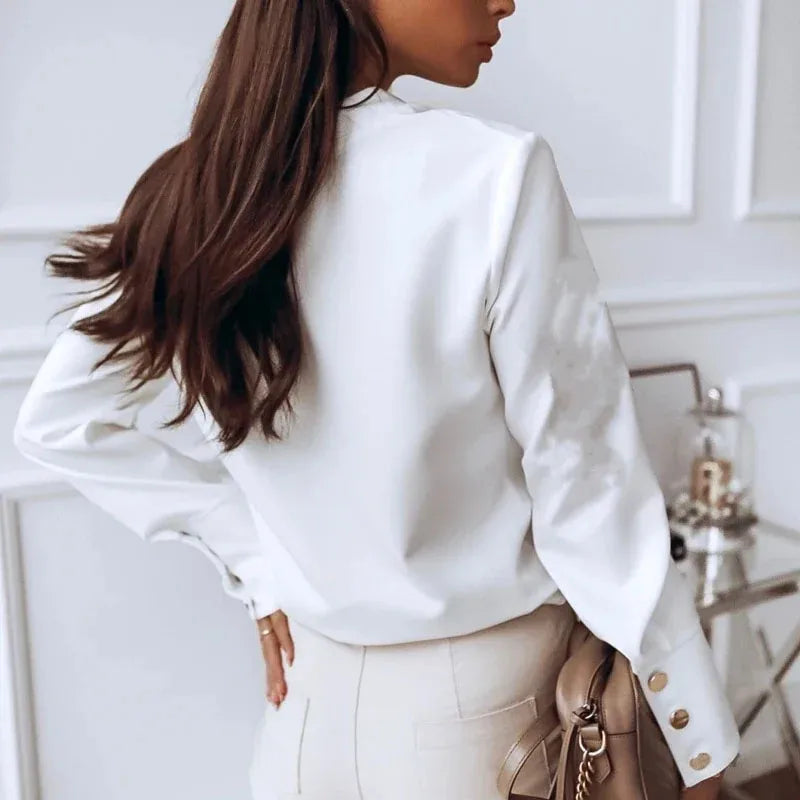 Long Sleeve 2026 Stand Collar Office Lady Tops Button Up Women Blouse White Casual Woman Shirt Fashion Black Loose Shirts 10619 - Matrix-studios.com