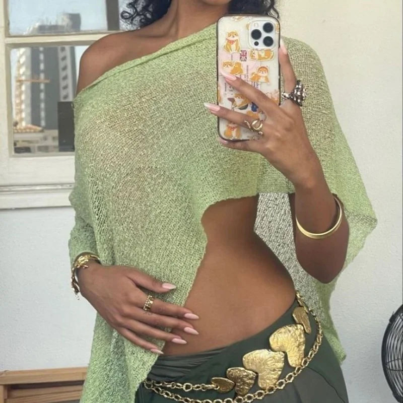 Summer Women Knitted Sheer Poncho Tops Women Knit Cover-up See-through Solid Irregular Loose Pullover Beach Tops 2026 - Matrix Studios