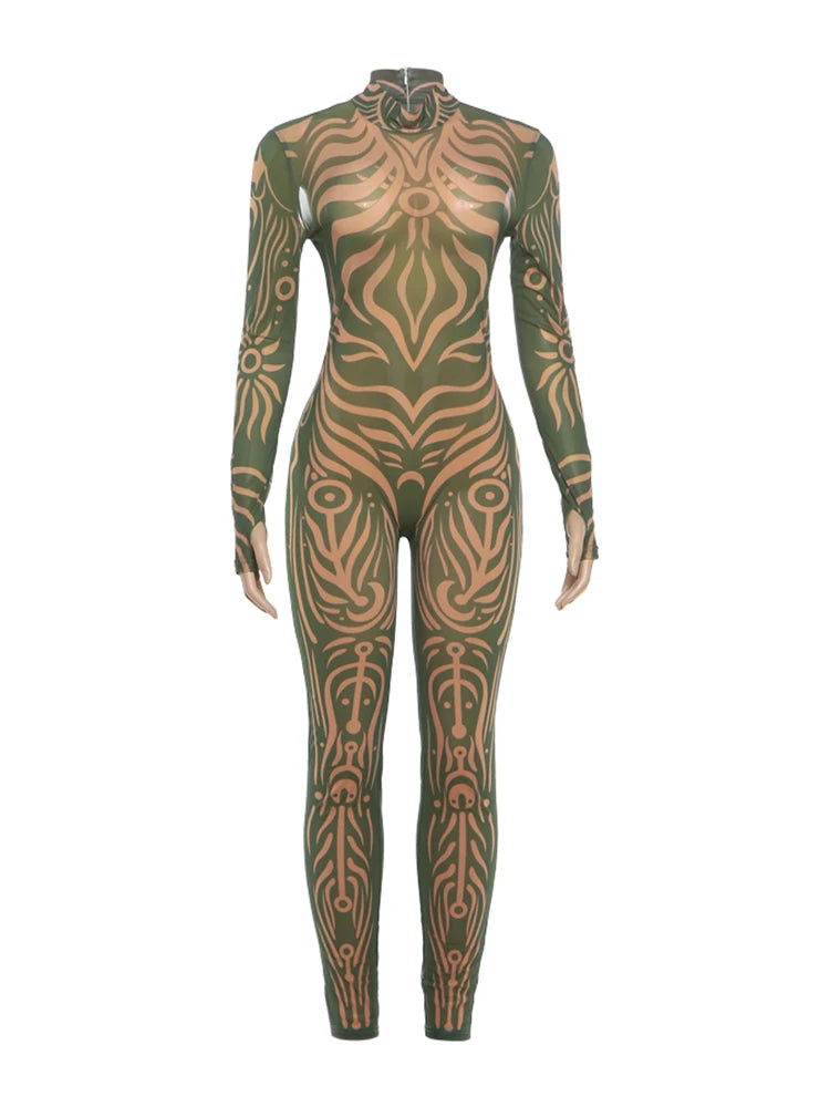 Weird Puss Sexy Striped Print Jumpsuits Women Wild Style Turtleneck Full Sleeve Midnight Party Club Stretch Streetwear Overalls - Matrix Studios