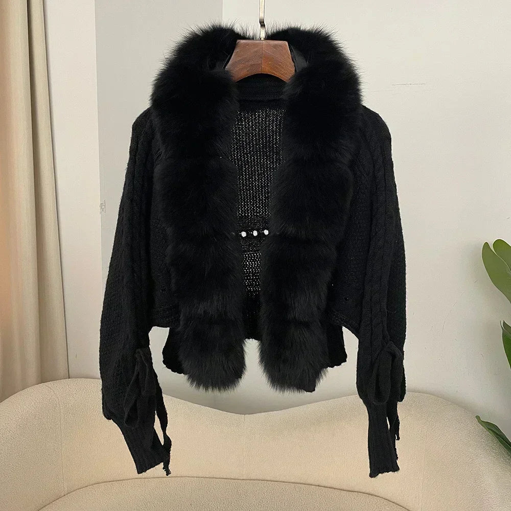 2024 Winter New Fashion Knitting Cardigan Placket Coat Women Casual Real Fox Fur Coat Short Warm Knitted Jacket with Natural Fur - Matrix Studios