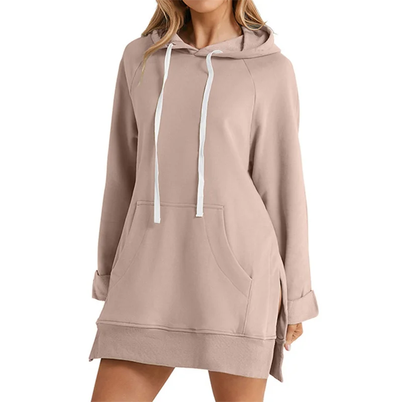 Women Hoodie Dress Slit Hem Drawstring Loose with Big Pocket Hooded Pullover Mid Length Top Commuting Dating Sport HoodieCYXX385 - Matrix Studios