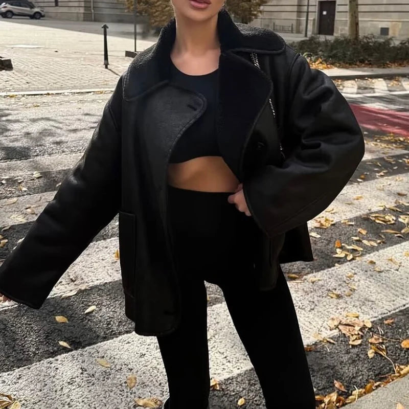 Winter Women's Black Faux Leather Jacket Warm Streetwear Outwear Solid Elegant Warmth 2026 PU Coat for Ladies Jackets Coat Tops - Matrix Studios