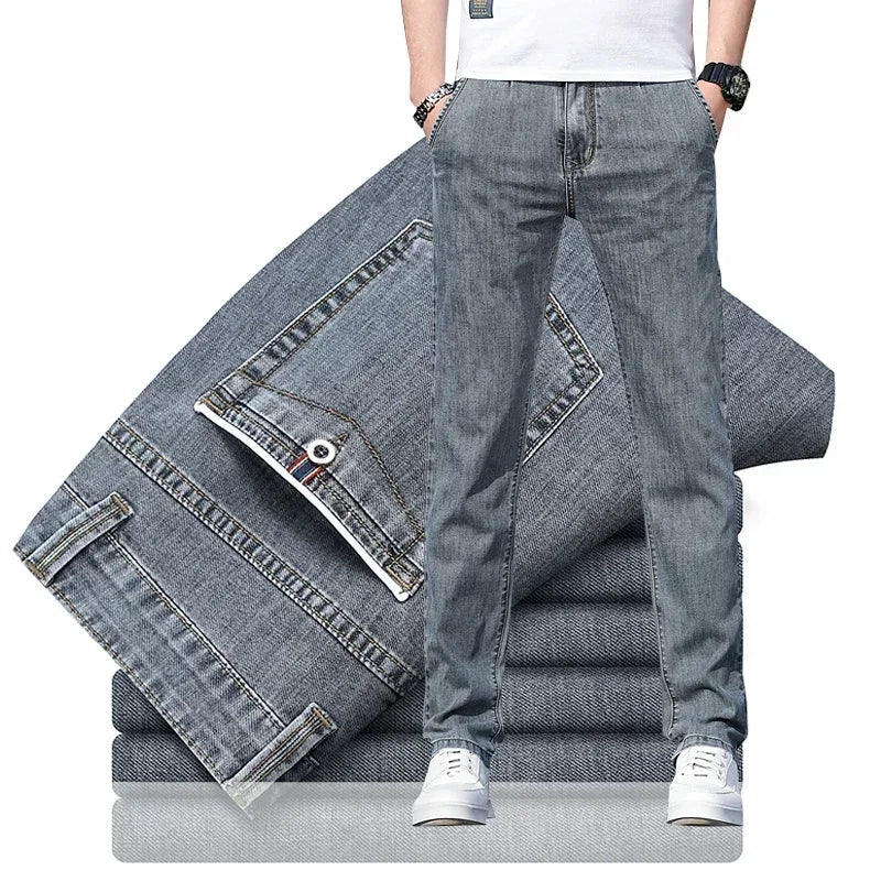 2025 Summer New Men's Loose Gray Jeans Fashion Casual Stretch Straight-leg Denim Pants Male Light Blue Men's Trousers - Matrix Studios
