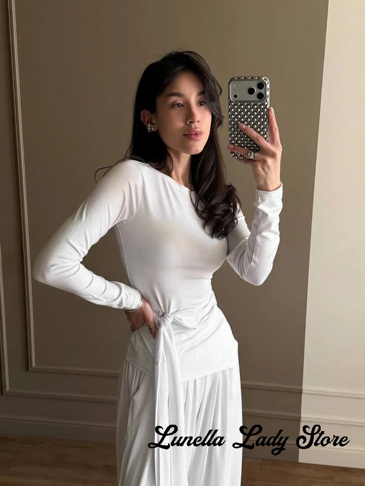 Women Brown Boat Neck Long Sleeve Side Tie Waist Slim Top Wide Leg Pants Elegant Daily Commuter Fashion Lady 2 Piece Outfit Set