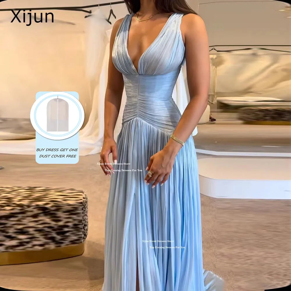 Xijun Sexy Blue Silk Satin Long Evening Dresses V-Neck Sleeveless Prom Dresses Saudi Araric Formal Occasion Prom Gowns Customize - Matrix-studios.com