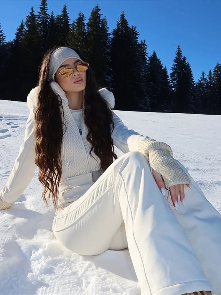 Women's Chic White Hooded Ski Jumpsuit with Waist Belt Warm Snowproof One-Piece Snow Wear Winter Sports Fashion Lady Snowsuit - Matrix Studios