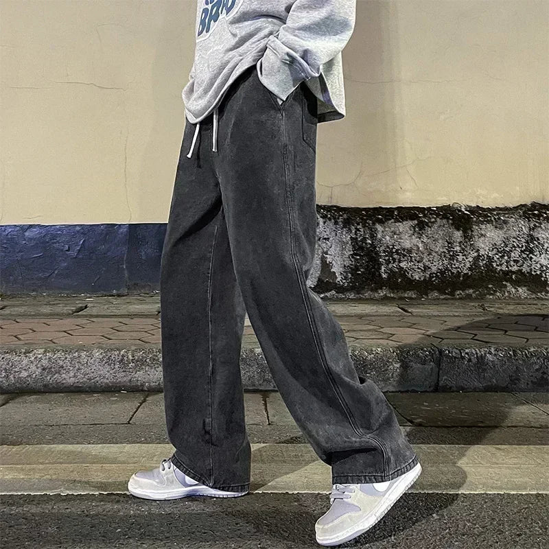 2025 New Streetwear Loose Jeans Men Korean Style Fashion Loose Straight Wide Leg Pants Men's Brand Clothing Black Light Blue - Matrix Studios