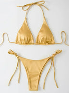Halter Brazilian Metallic Satin Bikini Women Swimwear Female Swimsuit Two-pieces Bikini Set High Cut Bathing Suit Swim Beachwear - Matrix-studios.com