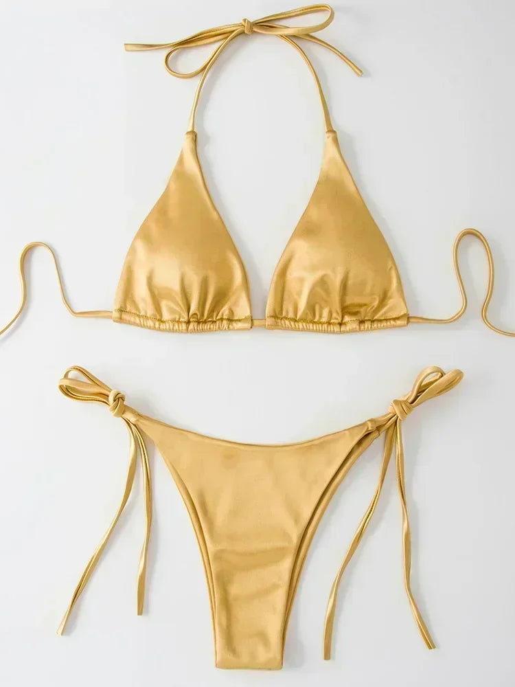 Halter Brazilian Metallic Satin Bikini Women Swimwear Female Swimsuit Two-pieces Bikini Set High Cut Bathing Suit Swim Beachwear - Matrix-studios.com