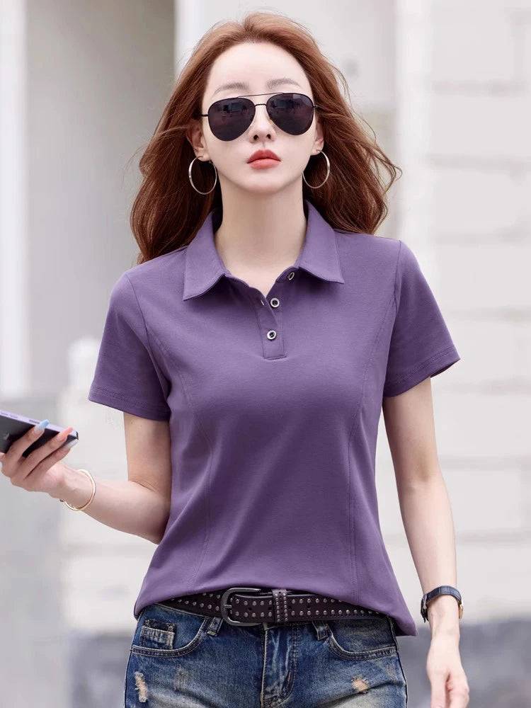 New Women Summer Casual T-shirt Fashion Button Turn-down Collar Short Sleeve Slim Polo T-shirt Simplicity Solid Color T-shirt - Matrix-studios.com
