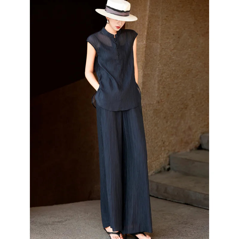 MEXCOCO New Summer Minimalist Old Money Style 2 Piece Outfit, Side Slit Top & Wide Leg Pants Matching Set for Women - Matrix-studios.com