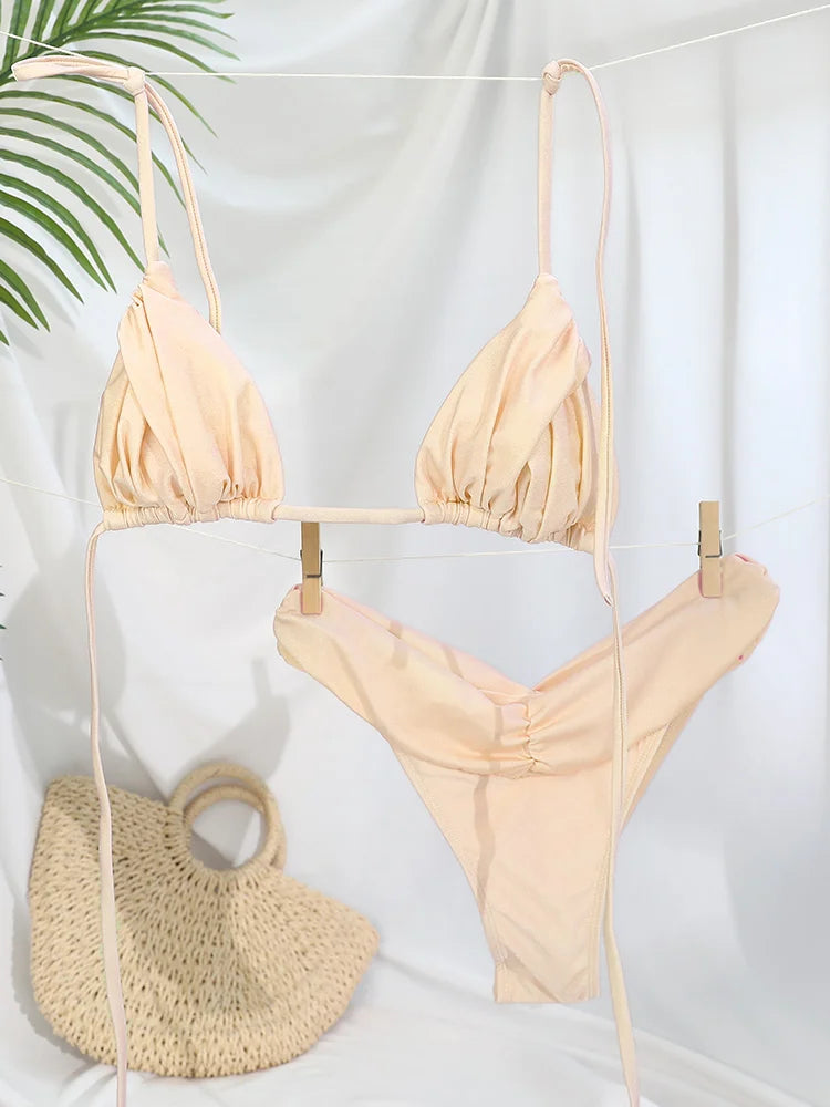 Sexy Folds Bikini Set Solid Micro Bikinis Women Swimsuit Female Triangle Swimwear Beach Wear Bathing Suit - Matrix-studios.com