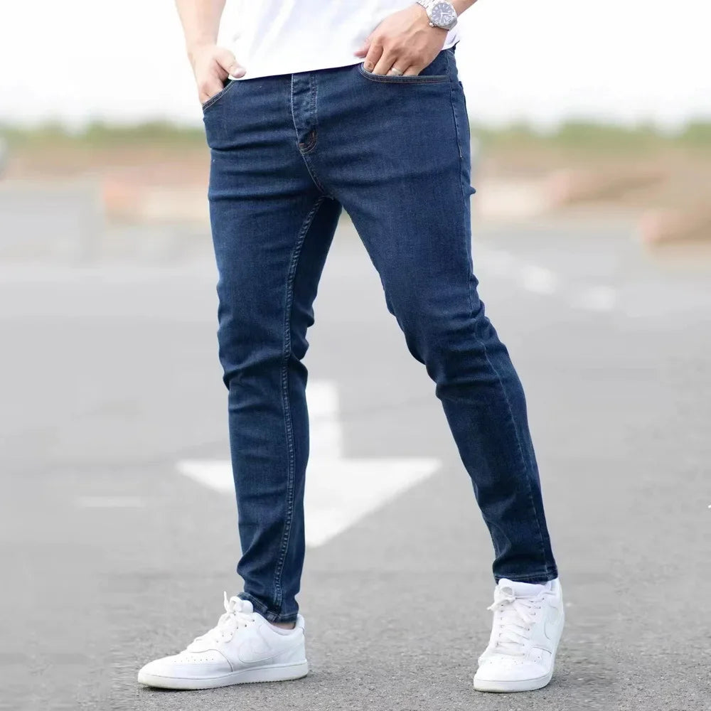 Spring Mens Black Blue Pants Pure Color Stretch Jeans Street Casual Slim Fit Trousers Male Vintage Wash Skinny Jeans for Men - Matrix Studios