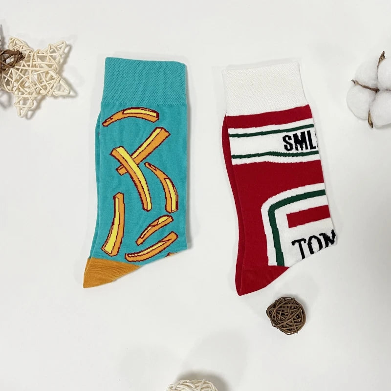 1 Pair Unisex Funny AB Style Tomato Ketchup French Fry Printed Mid-Calf Socks Suit In All Seasons - Matrix Studios