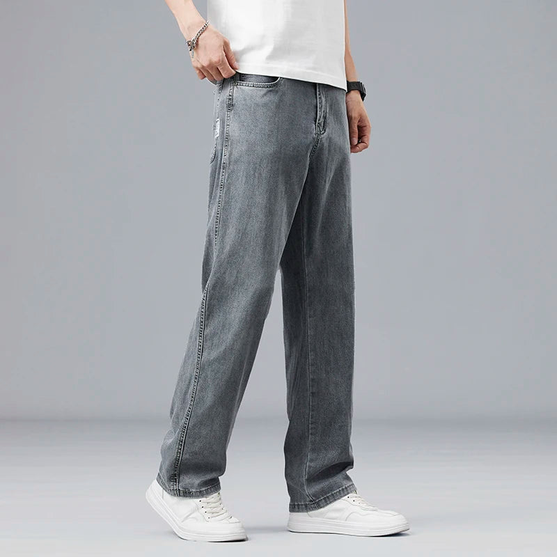 Summer Ultra-thin Lyocell Men's Jeans Drape Soft Fabric Loose Straight Casual Denim Pants Elastic Ice Silk Male Trousers - Matrix Studios