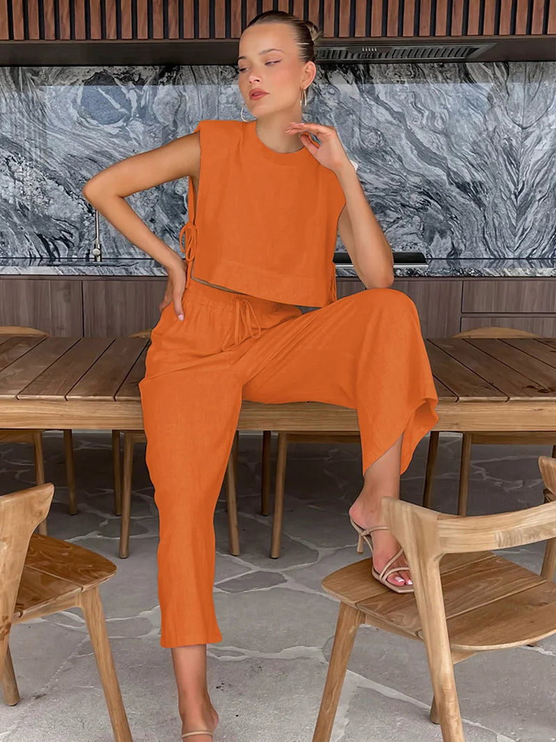Spring Summer 2025 Women Holiday Linen Pant Set Crop Tops Solid Outfits 2 Two Piece Matching Set For Women - Matrix-studios.com