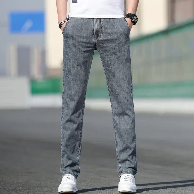 2025 Summer New Men's Loose Gray Jeans Fashion Casual Stretch Straight-leg Denim Pants Male Light Blue Men's Trousers - Matrix Studios