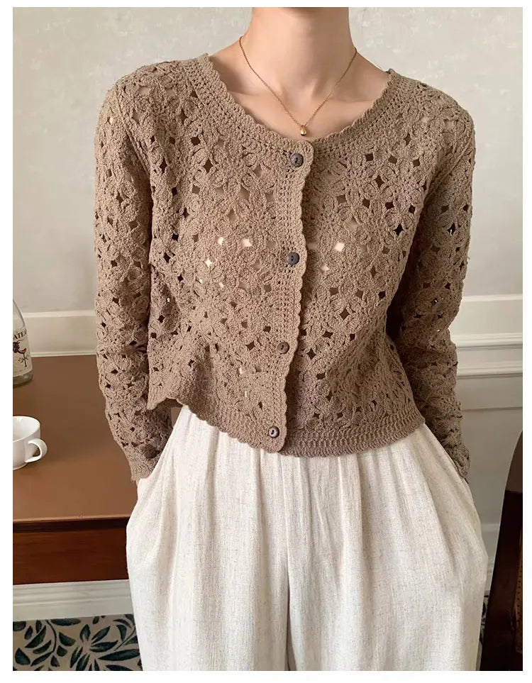 Long Sleeve Crochet Top for Women Sheer Button Up Hollow Out Openwork Knit Cardigan Jacket Spring Summer Boho Vacation Outfit - Matrix Studios