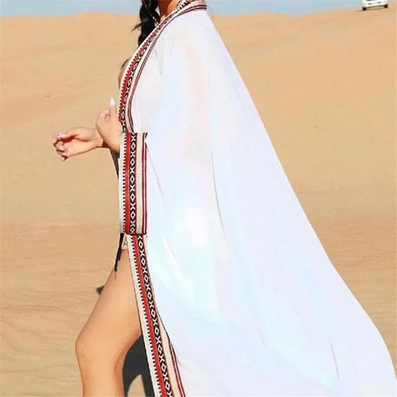 White Chiffon Long Maxi Kimono Cardigan Women Beach Cover Up Embroidery Edge with Belt Tunica Kaftans Femininos Beachwear 2026 - Matrix Studios