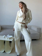 Bornladies Women's New Knit Zip Up Cardigan Wide Leg Pants Set Soft Fabric Cropped Elastic Waist Autumn Winter Fashion Sweater - Matrix-studios.com