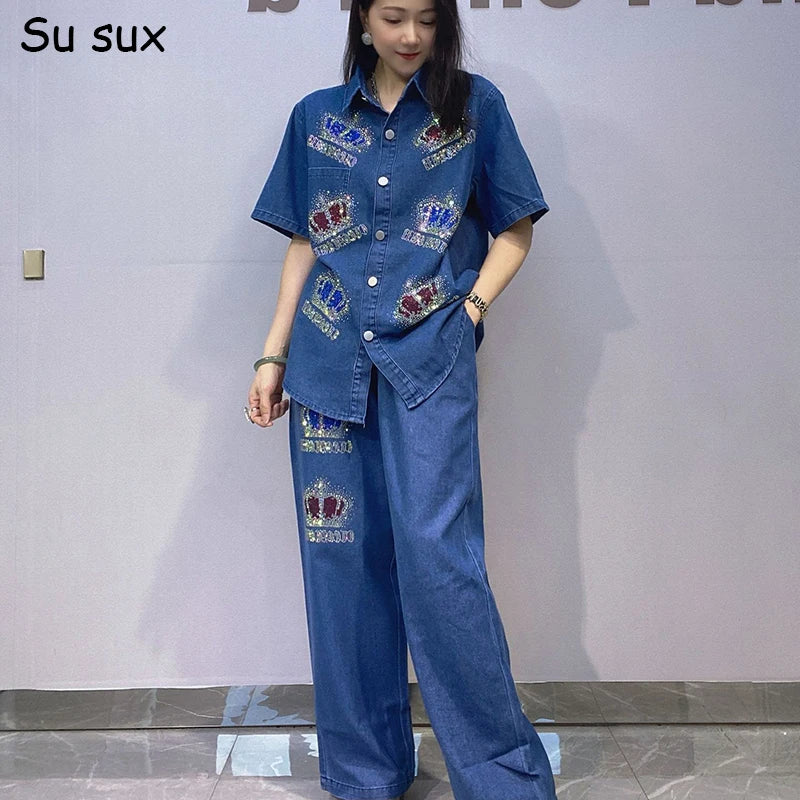 Sequins Crown Denim Wide Leg Pant Sets Woman Jeans 2 Piece Sets Turn Down Collar Short Sleeve Blouse Matching Sets Outfits Stree - Matrix-studios.com
