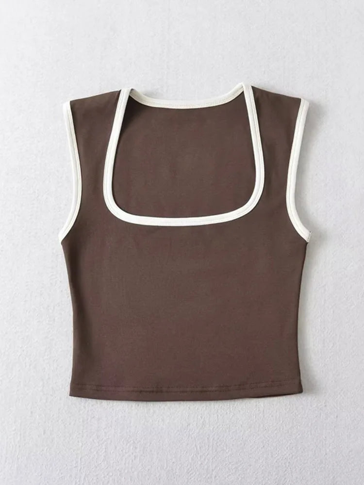 Woman Fashion Slim Solid Contrust Camis Casual Sleeveless Tanks Square Collar Crop Tops Clothing Streetwear Mujer 2024 Y2k - Matrix-studios.com