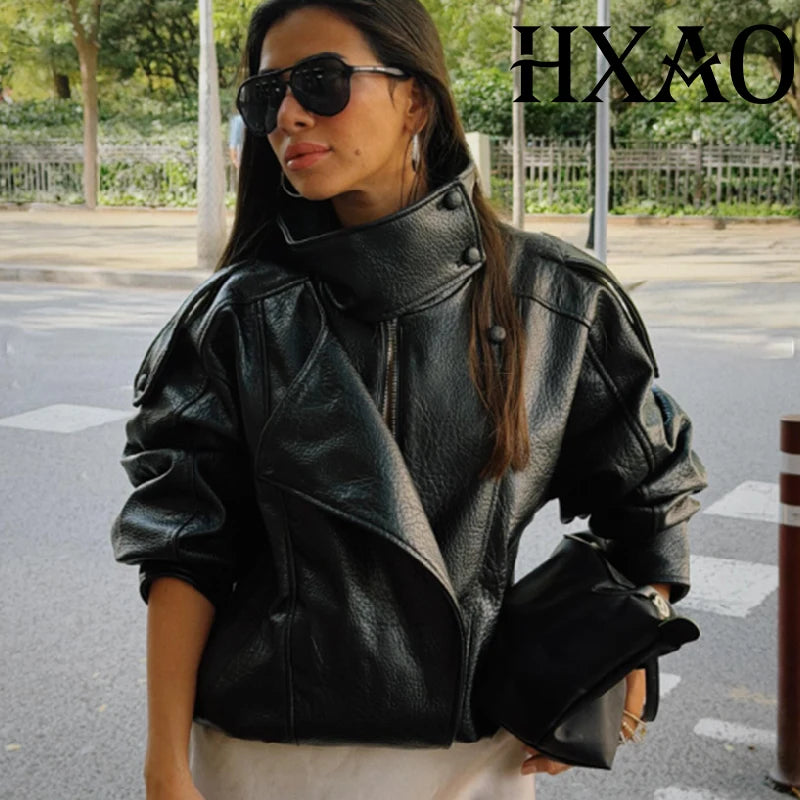 HXAO Black Jacket Women's Coat Faux Leather Jacket Outerwears Demi-Season Bomber Moto Biker Zipper Jacket High Neck Short Coat - Matrix Studios
