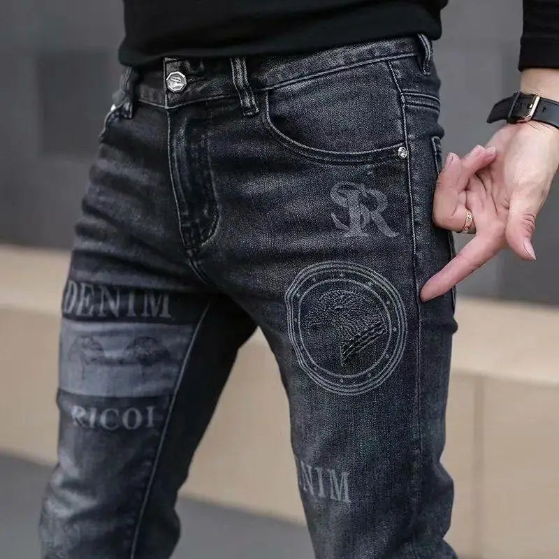 High End Stylish Classic Distinctive Printed Black Stretch Denim Jeans for Men High Quality Slim Fit Stretch Luxury Denim Pants - Matrix Studios
