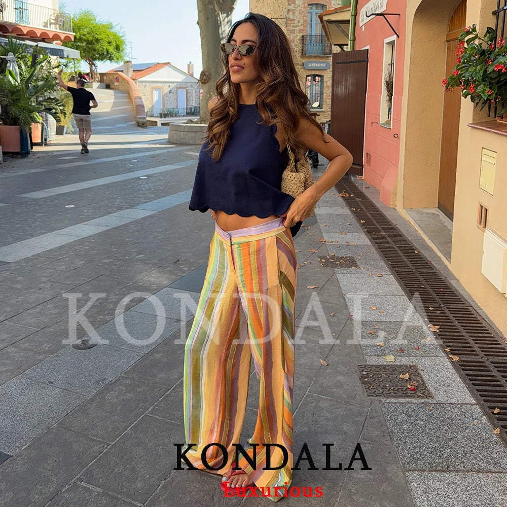 KONDALA Sweet Casual Women Pants Suit Stripe Sleeveless Backless Halter Top Long Zipper Pants Fashion 2026 Summer Fall Boho Suit - Matrix-studios.com