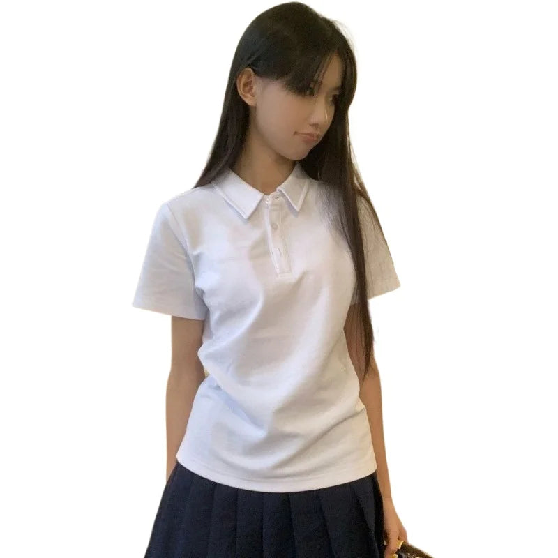 Summer Women's Polo Shirt Short Sleeve Skinny Slim Solid Japanese Preppy Style Uniform Tshirt White Basic Button Casual Top Tees - Matrix-studios.com