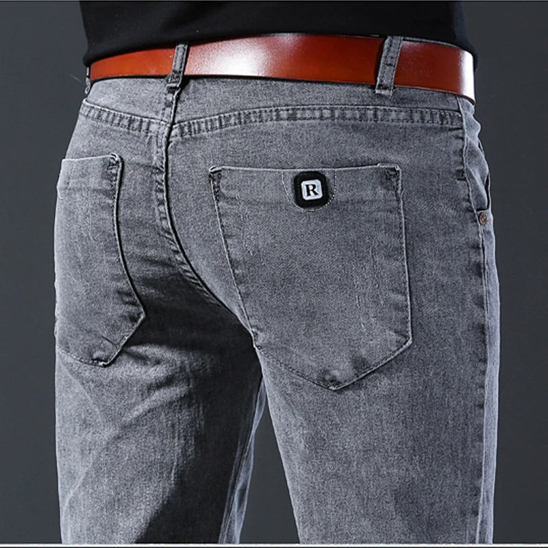 New style jeans, men's slim fit, Korean style comfortable straight leg elastic gray mid waist pants, men's casual denim pants - Matrix Studios