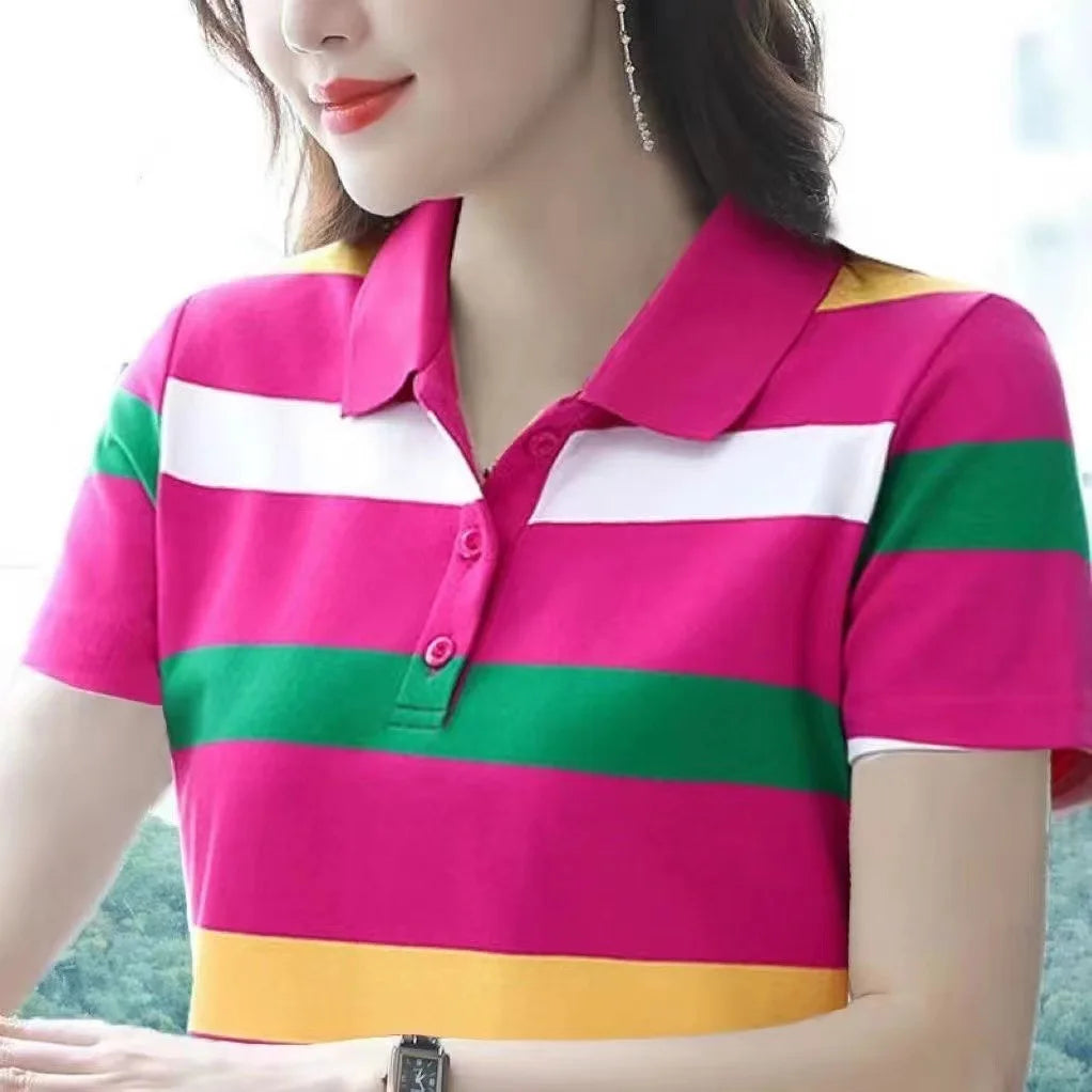 Women Summer Tops Strip Tees Sexy Vintage Short Sleeve 5XL Polo T Shirts Loose Casual Befree Boho Tees - Matrix-studios.com