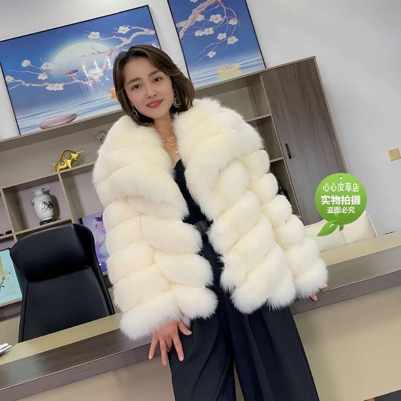QUEENTINA Winter New Women's Real Fox Fur Coat With Collar Overcoat Leather Female Natural Plus Size - Matrix Studios