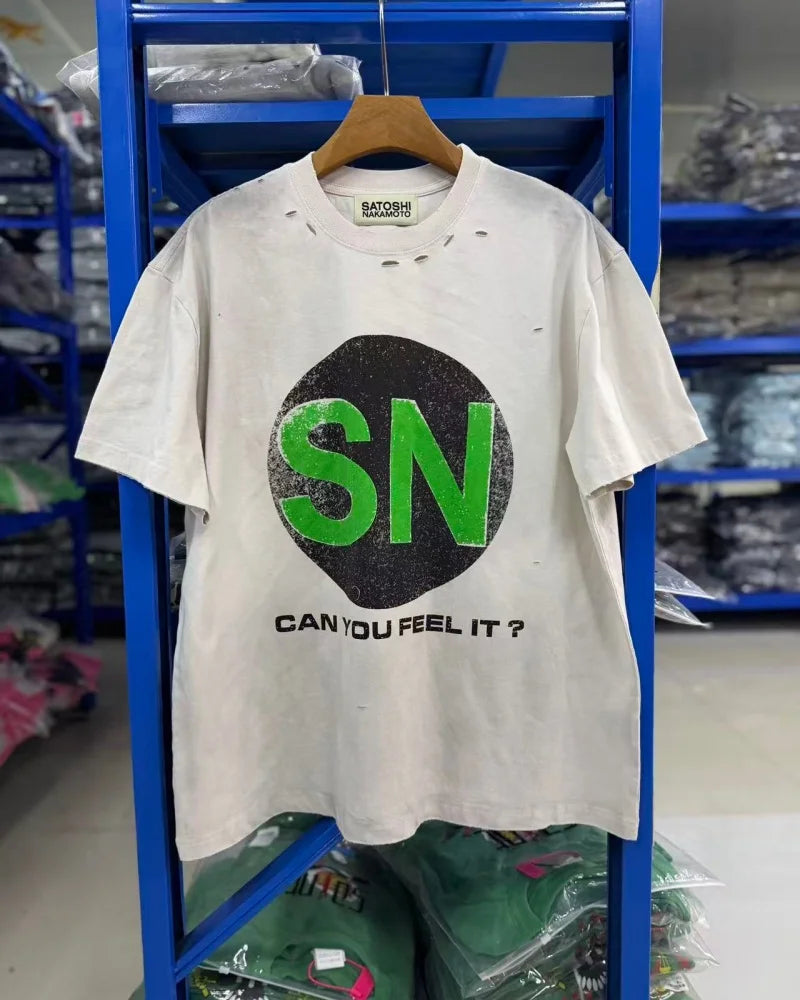 Summer Latest Highest Quality Fashion High Street SATOSHI NAKAMOTO Washed Distressed Beaded Destroyed Short-Sleeve T-Shirt - Matrix-studios.com