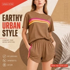Women's 2 Piece Tracksuit Set Short Sleeve Crew Neck T Shirt and Elastic Waist Shorts Retro Rainbow Striped Casual Athletic Wear Matching Outfit Relaxed Fit for Gym Running Daily Streetwear Summer Spring