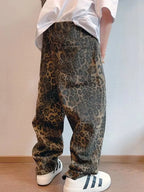 Autumn Tan Leopard Jeans Men Denim Pants Male Oversize Wide Leg Trousers Streetwear Hip Hop Vintage Loose Casual Animal Print - Matrix Studios