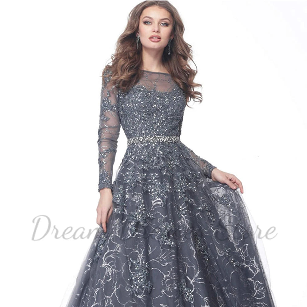 Exquisite Shiny Lace A-Line Prom Dress Scoop Neck Long Sleeves Illusion Tulle Women Floor Length with Beading Belt Party Gowns - Matrix Studios