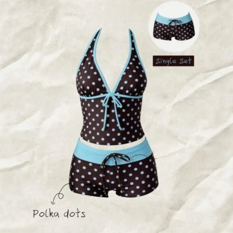 Women Beach Style Bikini Swimwears 2-Piece Tankini Suits Halter V-Neck Tie Cami Top Bodycon Contrast Waistband Swim Beachwear - Matrix-studios.com