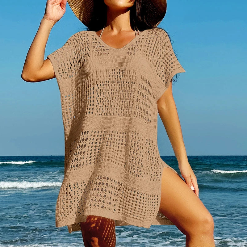 Knitting V-Neck Sexy Hollow Out Beach Bikini Cover-Ups Ladies Summer Vacation Casual Loose Beachwear Sunscreen Smock - Matrix Studios