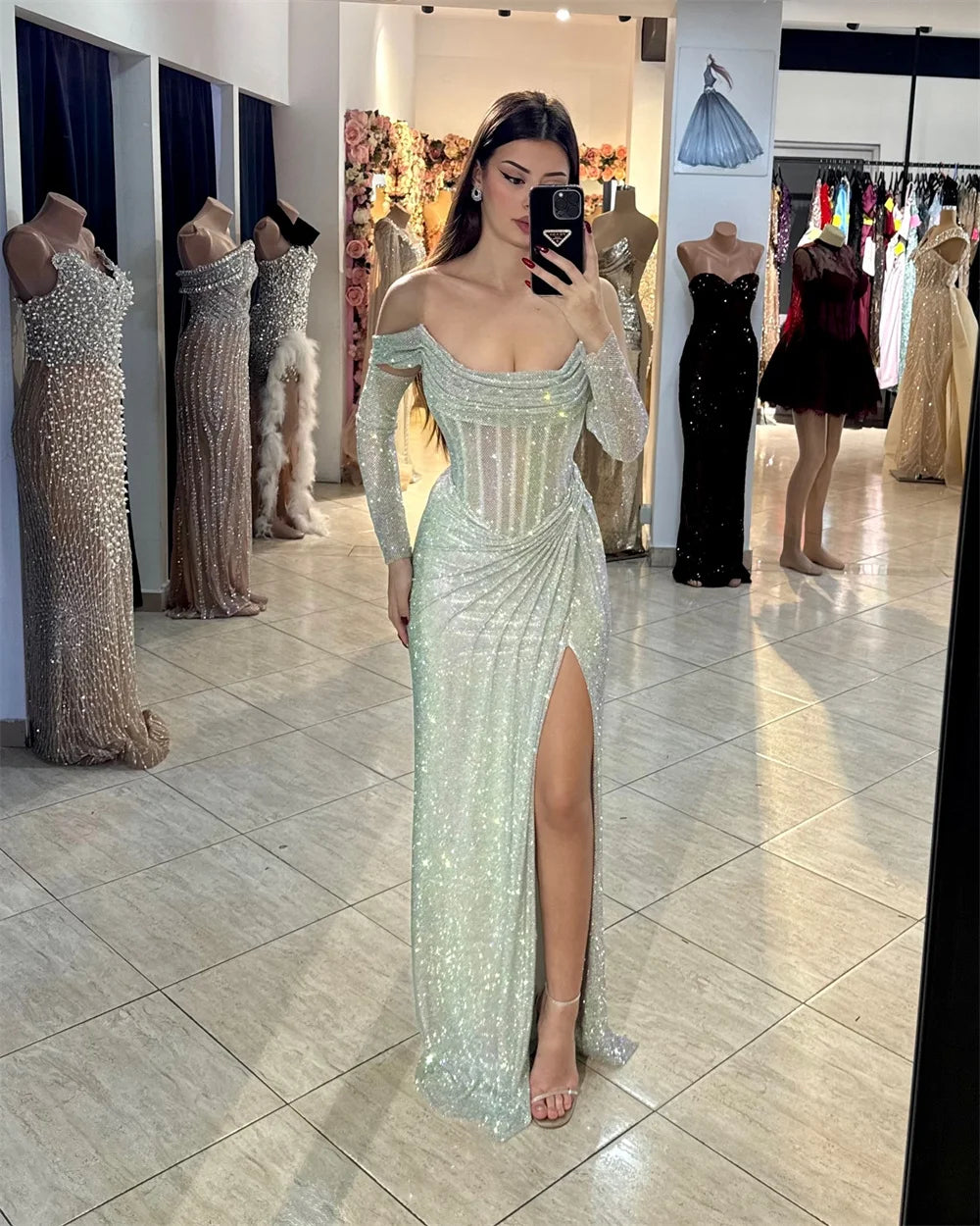 Contessa Dubai customized Silver Shiny Prom Dress With Sleeve Off Shoulder Vestidos de noche Side High Split Formal event dress - Matrix-studios.com