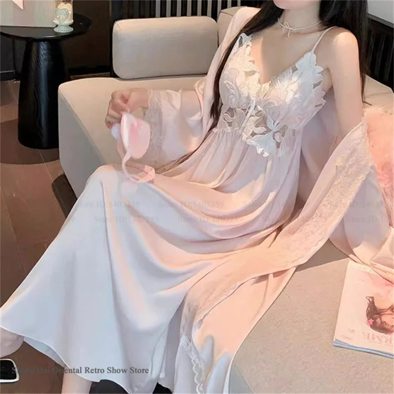 Elegant Female Long Robe Set Nightgown Silky Ice Silk Sleepwear Homewear SEXY Hollow Out Lace Nightdress Lingerie Loungewear - Matrix-studios.com