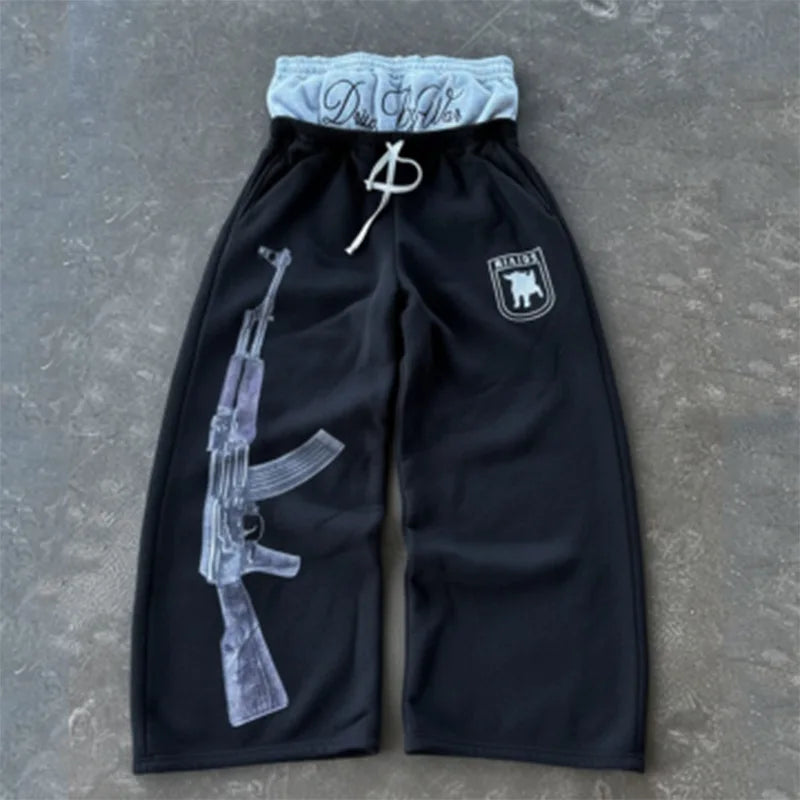 European and American Embroidered Street Couple Double Head Double Waist Pants Personalized Printed Pattern Pants - Matrix-studios.com